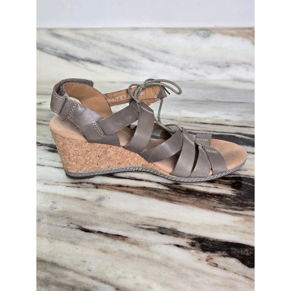 Clarks‎ Collection Taupe Leather Strappy Cork Wedge Sandals 9.5M